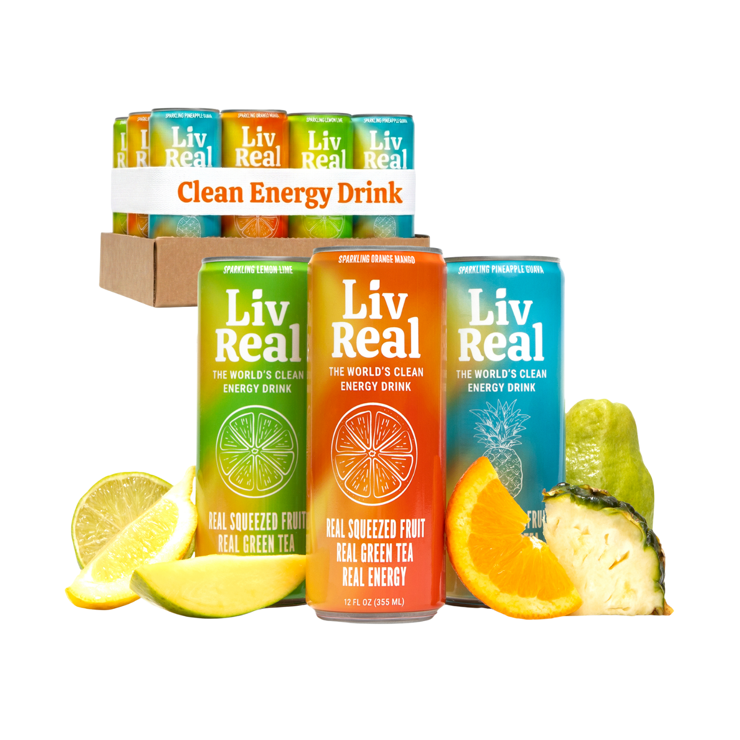 LivReal energy drink cans with fruit slices on a white background