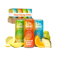 LivReal energy drink cans with fruit slices on a white background